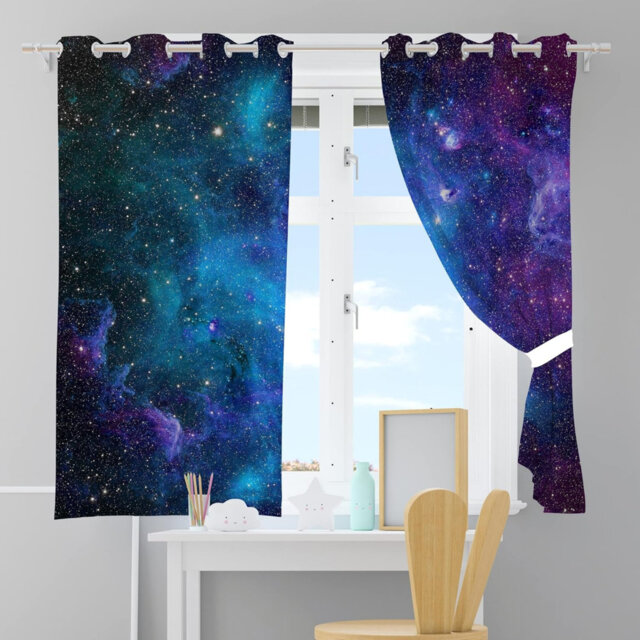 Kids Galaxy Curtains Space Blue Nebula Star Pattern Eyelet Blackout Thermal Window Drapes 2 Panels W117cm x D137cm