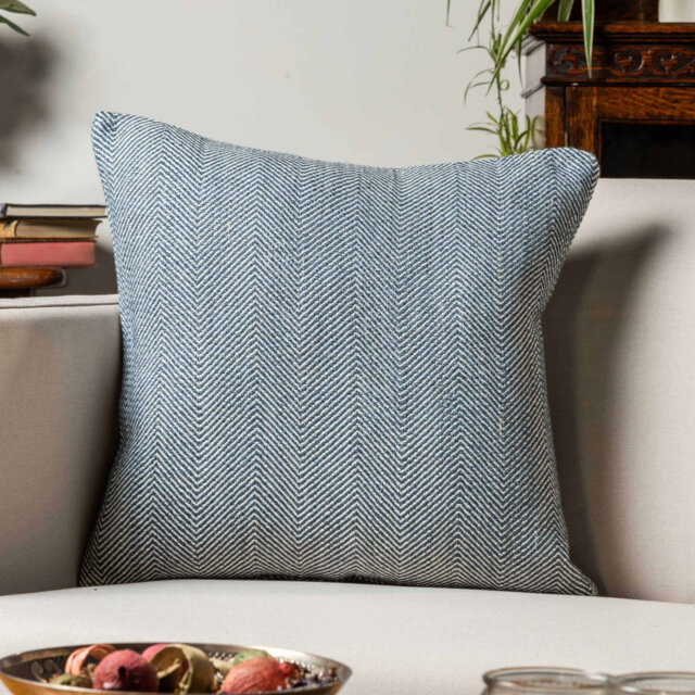 Faux Wool Linen Blend Herringbone Cushion in Navy Blue