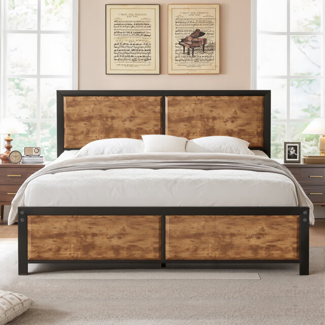 Single/Double Size Bed Frame with Wood Headboard and Footboard, Metal Platform Mattress Foundation with Strong Steel Slats, No Box Spring Needed