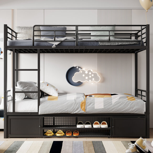European Single (90 X 200 Cm) Bunk Bed with Storage Included with Built-in Ladder Included