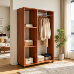 Wood Effect Open Wardrobe on Wheels, Freestanding Bedroom Clothes Organiser with Hanging Rail and 3 Storage Shelves, Mobile Garment Rack for Hallway o