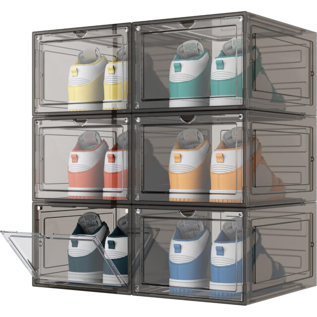 6 Pcs Shoe Box, Shoe Storage Boxes Clear Plastic Stackable, Shoe Organizer Containers With Lids For Women/Men 34.5 X 27 X 19 Cm10 Sections Hanging Sho
