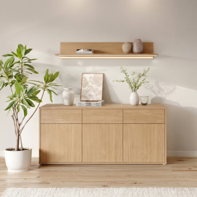 Minimalistic sideboard with 3 drawers and 3 doors, push-to-open mechanism, engineered wood, terracotta, 184.2 cm W x 83.1 cm H x 41.5 cm D