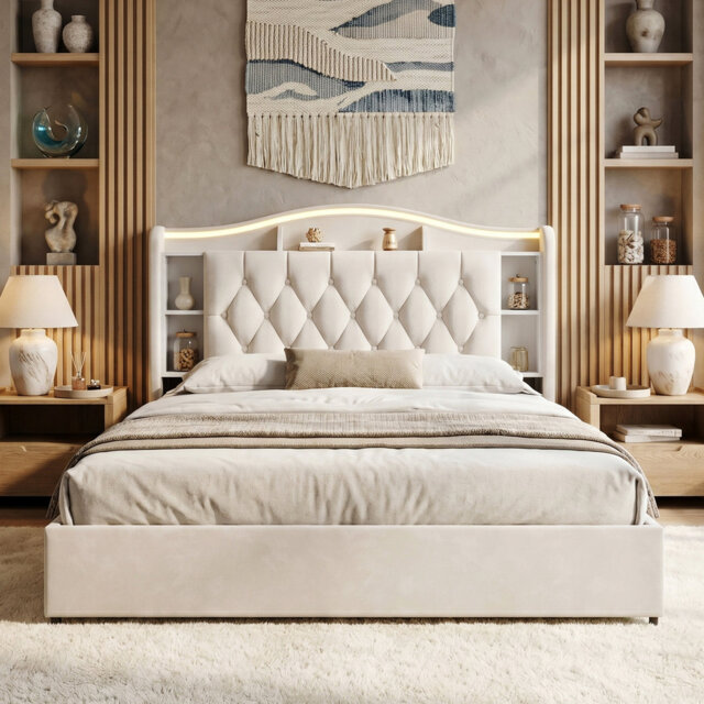 EU Double & King Velvet Ottoman Bed with Smart LED & Wireless Charging, Storage Headboard, 140/160x200cm in Grey/Beige