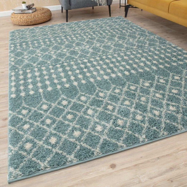 Moroccan Shaggy Collection Rugs Tangier Design in Duck Egg Blue/Ivory