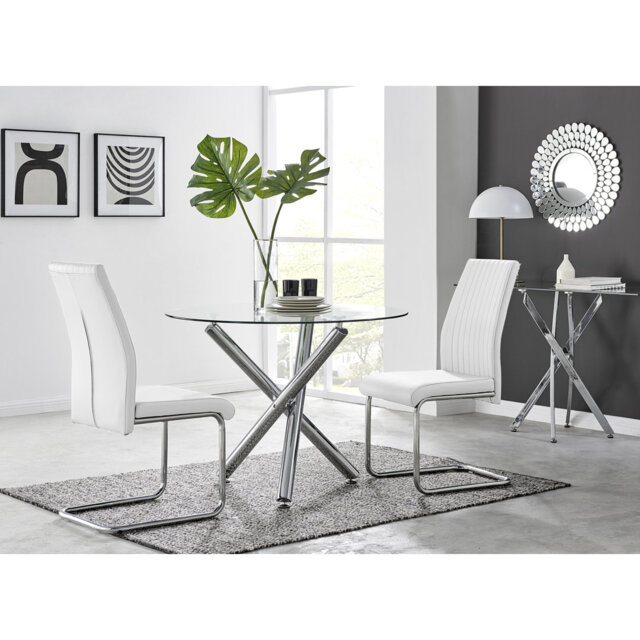 Seline Modern Round Dining Table Set in Glass and Chrome with 2 Upholstered Faux Leather Chairs