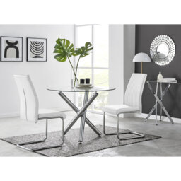 Seline Modern Round Dining Table Set in Glass and Chrome with 2 Upholstered Faux Leather Chairs