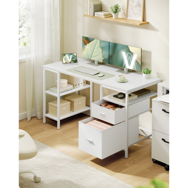 Computer Desk, Work Desk With Storage, 3 Shelves, 2 Drawers, 140 X 60 X 76 Cm, For Home Office, Living Room, Modern Style