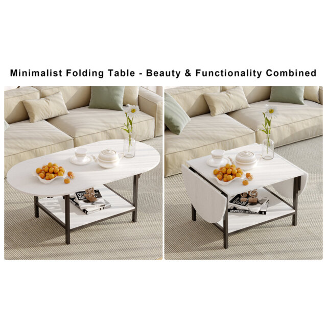 Folding Coffee Table With Metal Frame For Living Room, White & Black (120w X 60d X 45h)