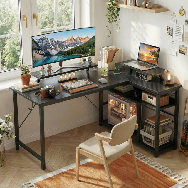 L-Shaped Office Desk 140cm W Corner Desk with Power Outlet,Adjustable Shelves