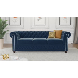 Chesterfield Hanna Sofa Set with Sleeping Function 3+2+1 Made of Velvet Fabric with Solid Wood Legs