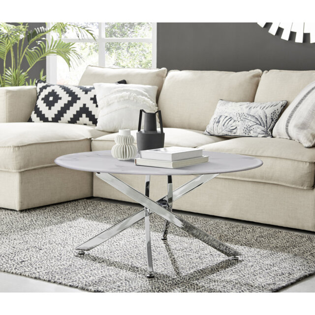 Cesarino Marble Effect Round Coffee Table - Glass Topped Metal Leg Centre Table
