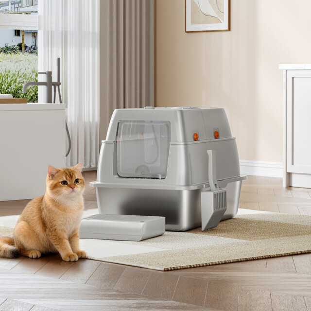 Stainless Steel Cat Litter Tray with Lid, Enclosed Cat Litter Box, 180° Hinged Lid, Includes Pedal and Scoop, Easy to Clean, Modular Design, 61 L x 4
