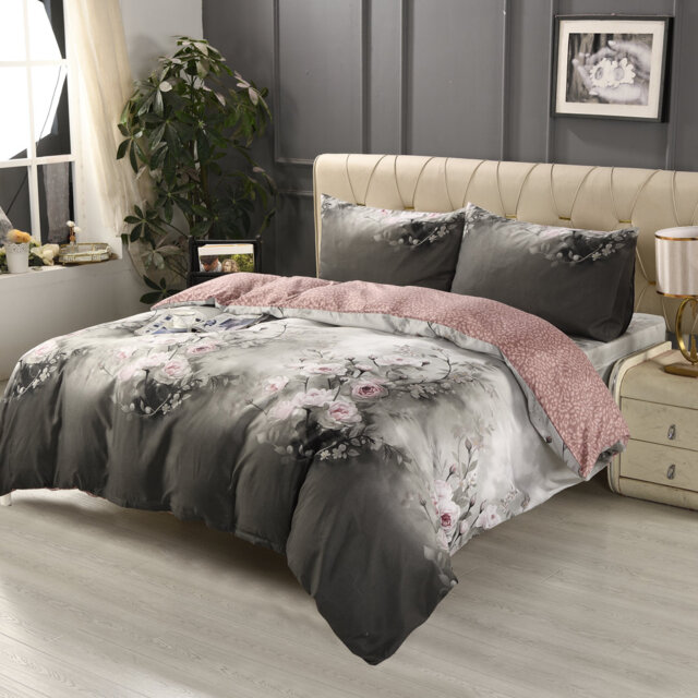 Bliss Complete Bedding Set Floral Grey Duvet Cover Fitted Sheet With Matching Pillow Case