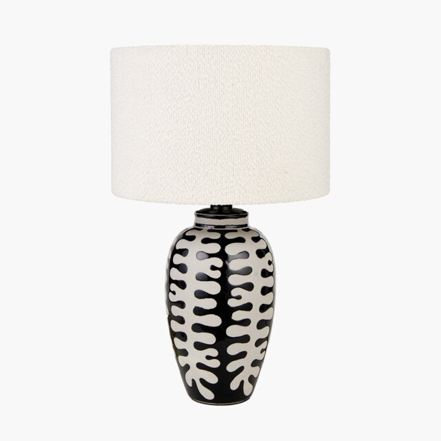 Elkorn Black and White Tall Coral Ceramic Table Lamp Base with Rouen 35cm White Boucle Cylinder Lampshade