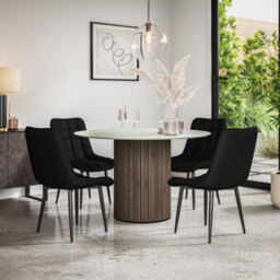 Arlo Walnut Table Top W Walnut Legs + Nova Faux Leather Dining Chair Black Set Of 4