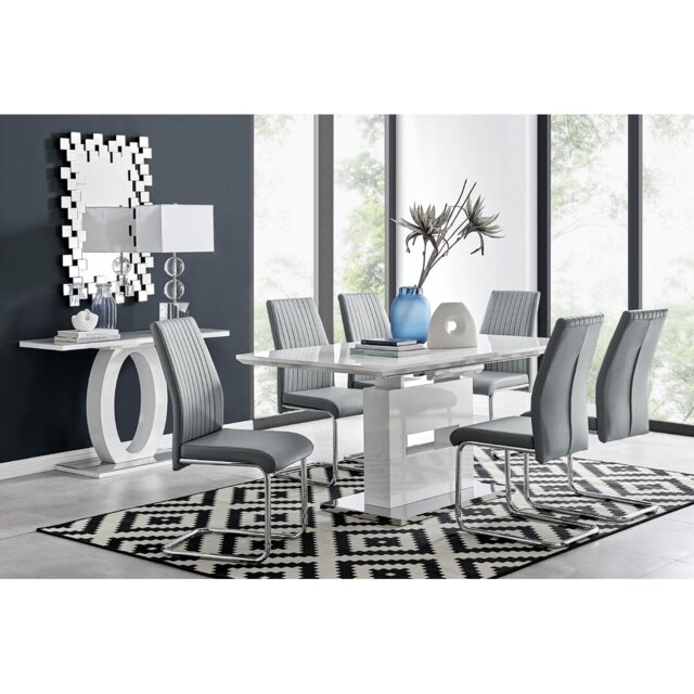 Alezzo Modern High Gloss Extendable Dining Table Set with 6 Upholstered Faux Leather Dining Chairs