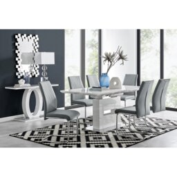 Alezzo Modern High Gloss Extendable Dining Table Set with 6 Upholstered Faux Leather Dining Chairs