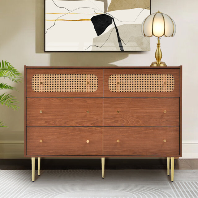 Contemporary Rattan Sideboard Cabinet 6-drawer Chest For Living Room With Walnut Finish