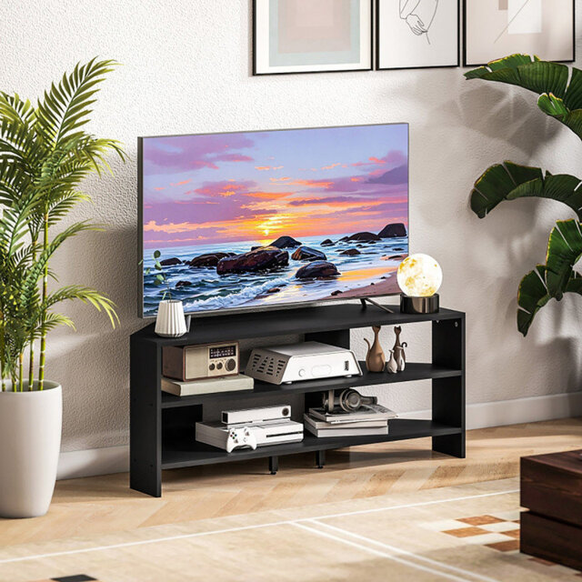 Minimalist Corner TV Stand with 3 Open Storage Shelves Support Feet Fits 47 Inch TV for Living Room Corners