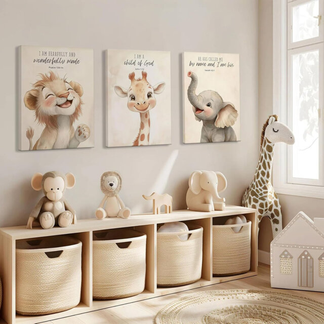 3Pcs Bible Verses Christian Nursery Safari Animals Canvas Wall Art Child Of God Cute Animals Picture Wall Decor Lion Giraffe Elephant Poster Print Art