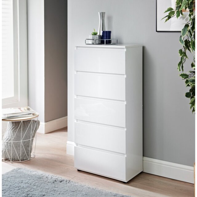 Atilano 5 Drawer 48Cm W White Chest of Drawers Bedroom Modern Slim Side Storage Display Cabinets Furniture
