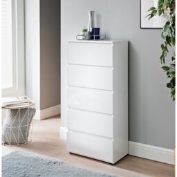 Atilano 5 Drawer 48Cm W White Chest of Drawers Bedroom Modern Slim Side Storage Display Cabinets Furniture