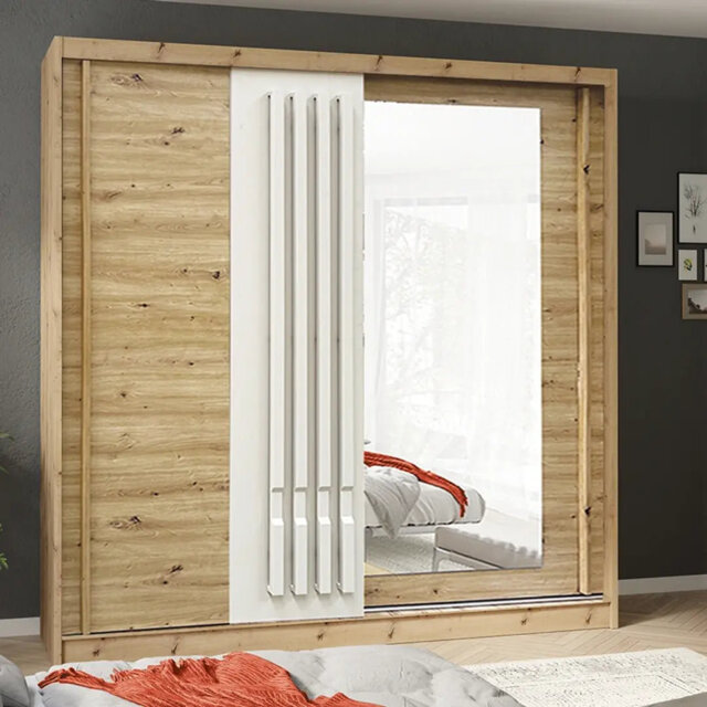 Avantgarde 6 Sliding Door Wardrobe 200cm - Oak Artisan & Cashmere with Mirrored Door