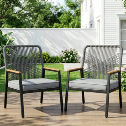 01-0325 Iron and rattan outdoor chair (2 pieces) - dark gray rattan + dark gray mat