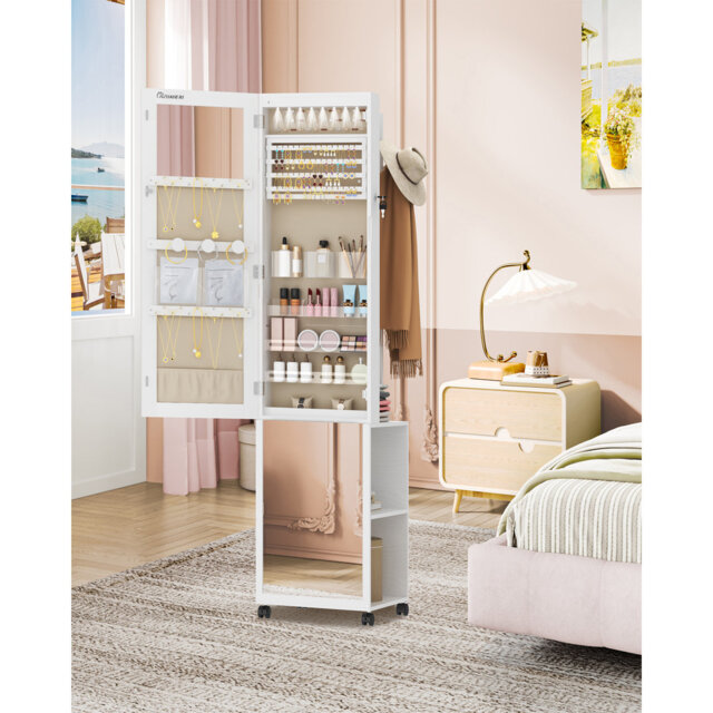 8 LEDs Mirror Jewelry Cabinet Armoire, Jewelry Organizer with Garment Rack, Lockable Full-Length Mirror with 4 Wheels, Storage Shelves with Hooks, 5-i