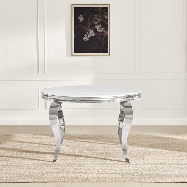 Weissport Round White Marble Glass And Metal 6 Seater Dining Table - Elegant Bevelled Edge Finish