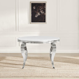 Weissport Round White Marble Glass And Metal 6 Seater Dining Table - Elegant Bevelled Edge Finish