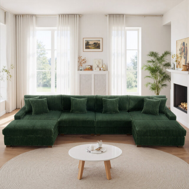 6 - Piece Upholstered Faux Rabbit Fur Flannel Modular Sectional Sofa with Throw Pillows & Removable Ottomans