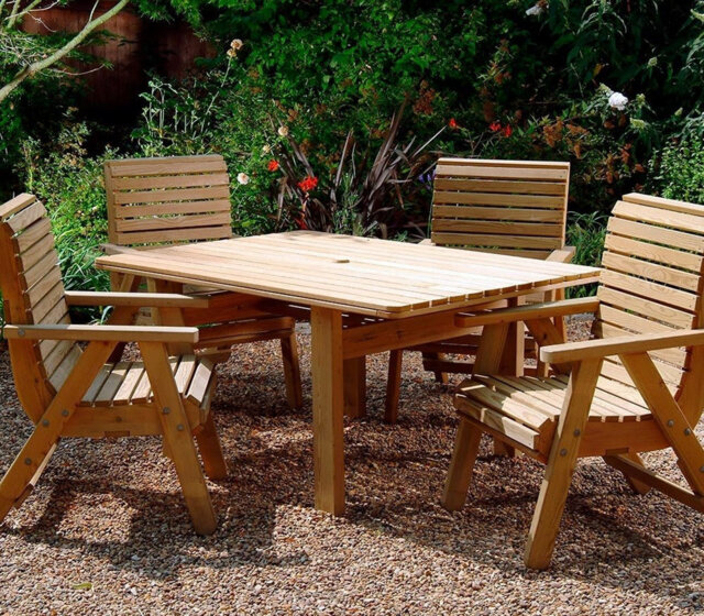 Charsie Amelia Wooden Rectangular Garden Table and Chair Set - 6 Seater - PEFC ® Certified Scandinavian Redwood - 7 Pieces, 6 Elli Flipleg Chairs, 1 A