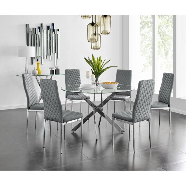 Tierra Modern Chrome Metal & Glass Round Dining Table Set with 6 Quilted Faux Leather Chairs