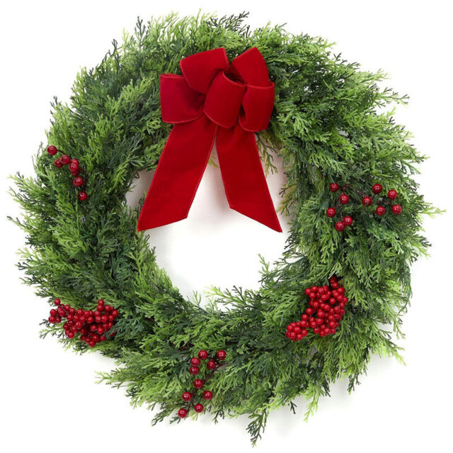 24 Inch Christmas Door Wreath, Large Outdoor Christmas Cypress Wreath with Berries Velvet Bow, Artificial Winter Xmas Greenery Wreaths for Front Door