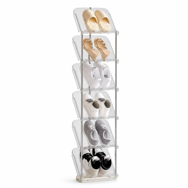 6‑Tier Clear Vertical Stackable Shoe Organizer, Slim Acrylic Style Storage Rack, 28×21×140 cm for Entryway, Closet and Hallway Use