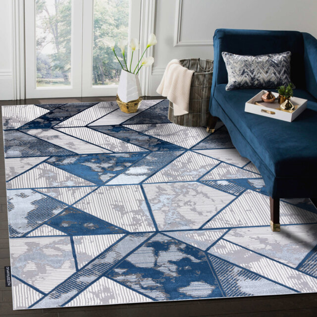 Modern de Luxe rug for the living room, bedroom, geometric - textured cream / dark blue