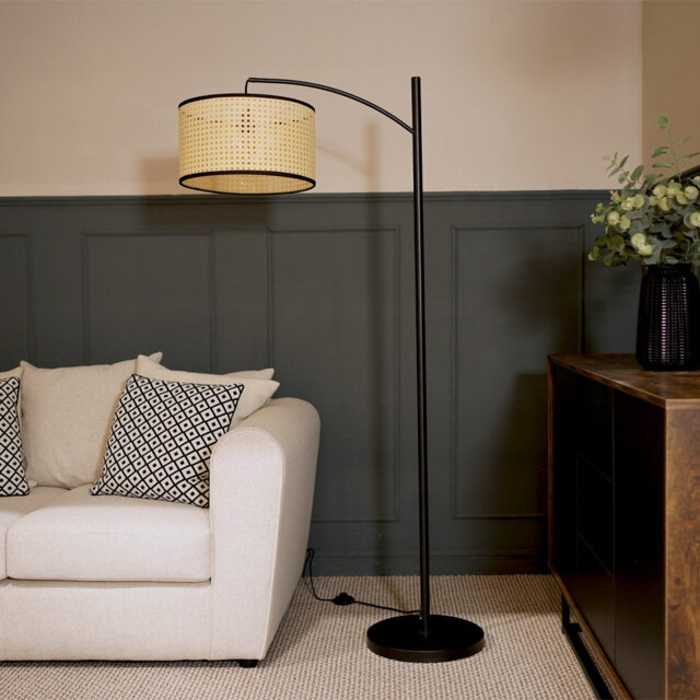 Preto Black Metal Floor Lamp with Curve + Reni Cane Large Shade