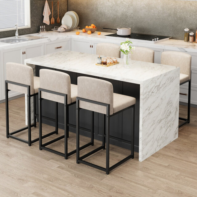 "Modern Set of 2 Bar Stools – 24.8"" Counter Height, Faux Leather Upholstered, Backrest & Metal Legs, Footrest Support, for Kitchen Island, Dining Room,"
