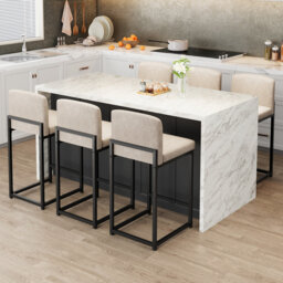 "Modern Set of 2 Bar Stools – 24.8"" Counter Height, Faux Leather Upholstered, Backrest & Metal Legs, Footrest Support, for Kitchen Island, Dining Room,"