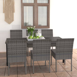 Rosalind Wheeler 7 Piece Outdoor Dining Set With Cushions Poly Rattan Grey, 1 Table, 6 Chair, 6 Seat cushion