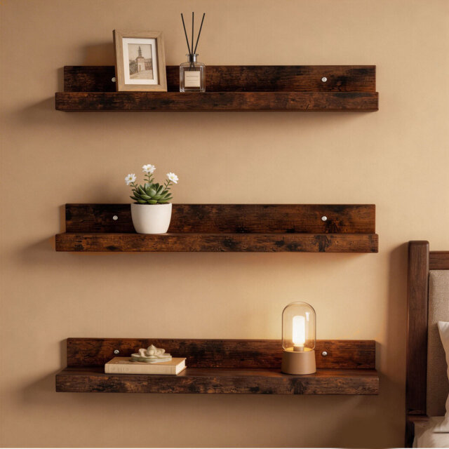 Wall Shelves Set of 3 Floating Shelves High Edges For Living Room Brown