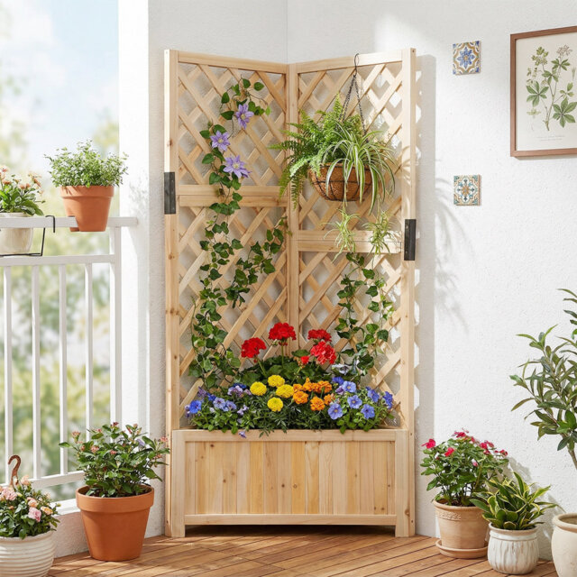 Corner Raised Garden Bed With Lattice Trellises Elevated Wooden Planter Box-Brown