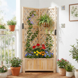 Corner Raised Garden Bed With Lattice Trellises Elevated Wooden Planter Box-Brown