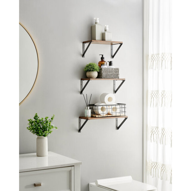 Set Of 3 Floating Wall Shelves For Jewelry, Photo Frames, Spice Bottles, Toiletries, Living Room, Bedroom, Kitchen, Bathroom, Rustic Brown And Black