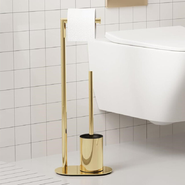 Free Standing Toilet Brush And Paper Holder Set,Stainless Steel,Polished Finish,Gold
