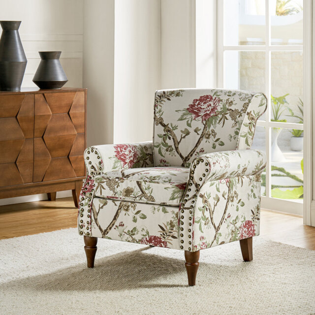 Araceli Floral Wooden Upholstered Accent Chair with Nailhead Trim