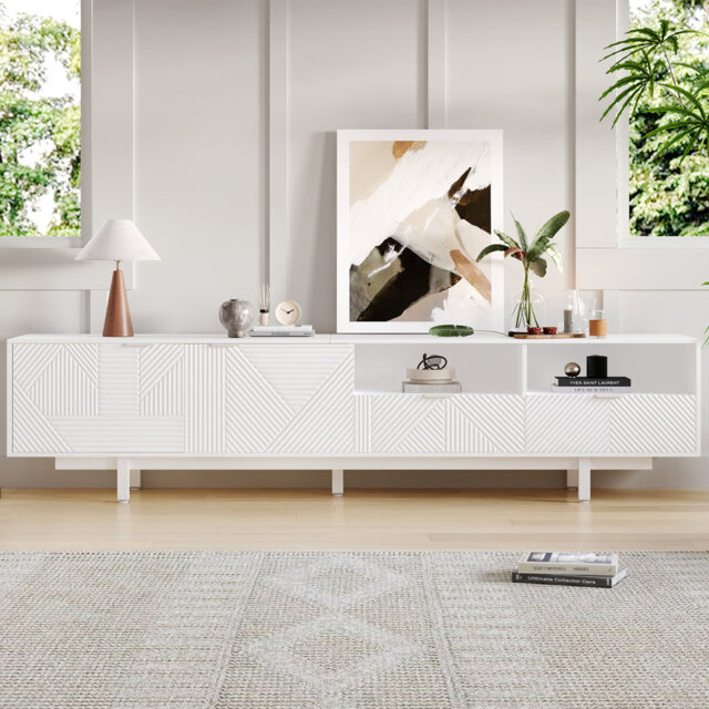 Modern Bohemian Tv Cabinet, White Geometric Lines Tv Stand, Tv Entertainment Center With Storage Space, Modern Tv Stand For 90 Inch Tvs, Console Media
