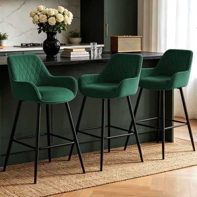 Velvet Upholstered Bar Stools with Armrests, Diamond Quilted Backrest and Metal Legs